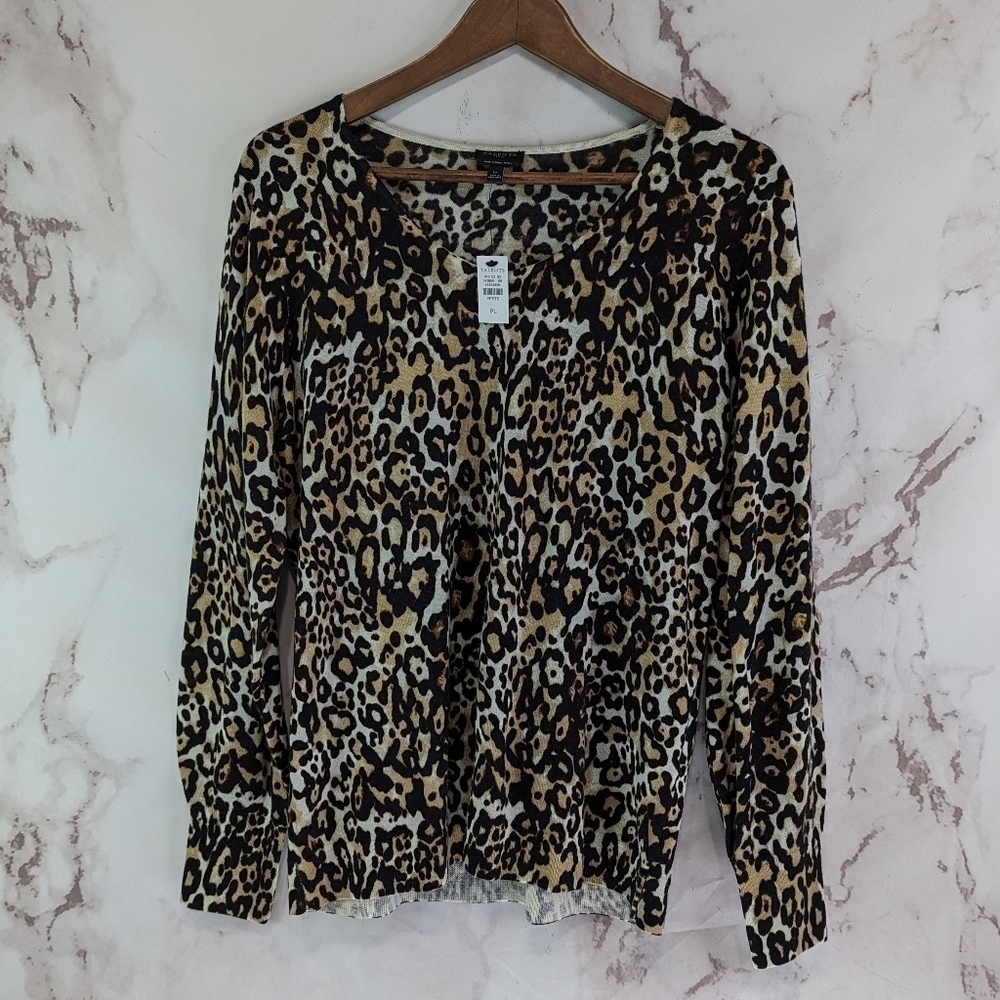 Talbots Sweater Womens Large P Brown Merino Wool Leopard Cheetah Petite Cardigan